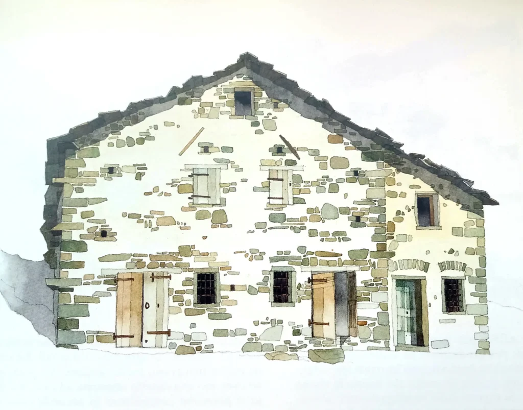 Capanna-casa a Pianaccio. Bill Homes. Acquerello. Da "Le pietre dell'Alta Limentra Orientale".